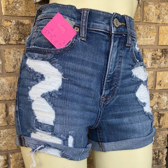 Express shortie high rise waist distressed shorts sz 00 roll cuff - Picture 8 of 8